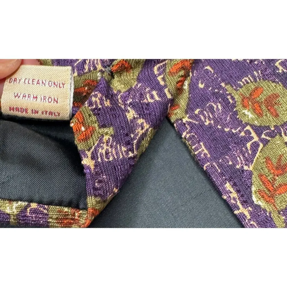 Vintage Romeo Gigli Silk Tie Purple Leaf Print Jacquard Made in Italy 4